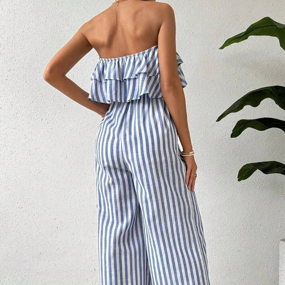 Blue and White Boho Women's Striped Strapless Wide Leg Jumpsuit With Ruffled - Picture 2 of 8